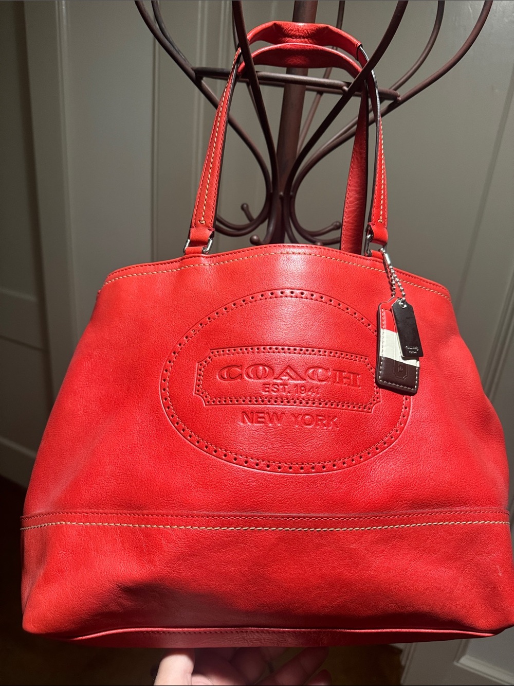 Coach Red Leather Tote with Embossed Logo and Tag